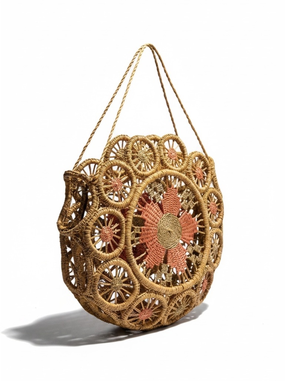 Handwoven Round Raffia Tote Bag with Coral Accents